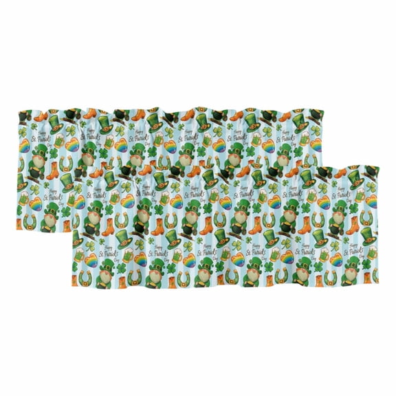 2 Pack Valances for Window, Saint Patrick's Day Short Curtains for Kitchen Bedroom Living Room, Gnomes Hat Boot Clovers Blue Stripes Rod Pocket Small Window Treatment Valance Drapes 42 x 12 Inch