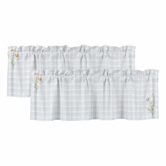 2 Pack Valances for Window, Spring Daisy Floral Short Curtains for Kitchen Bedroom Living Room, Yellow Plaid Summer Botanical Rod Pocket Small Window Treatment Valance Drapes 42 x 18 Inch