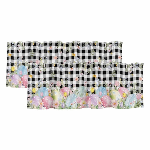 2 Pack Valances for Window, Spring Easter Flowers Short Curtains for Kitchen Bedroom Living Room, Farmhouse Floral Black Buffalo Plaid Rod Pocket Small Window Treatment Valance Drapes 54 x 18 Inch