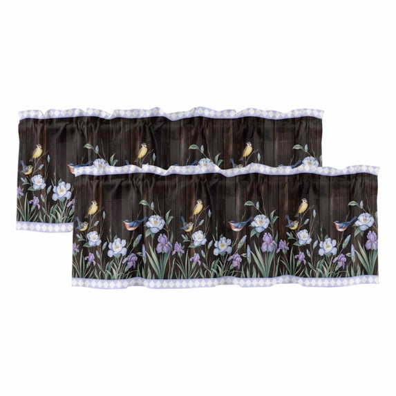 2 Pack Valances for Window, Spring Flowers Short Curtains for Kitchen Bedroom Living Room, Blue Floral Leaves Birds Country Farm Wood Grain Small Window Treatment Valance Drapes 42 x 18 Inch