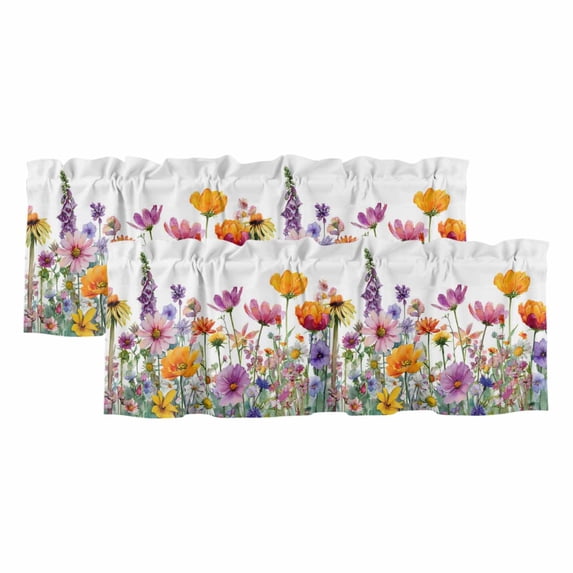 2 Pack Valances for Window, Spring Flowers Short Curtains for Kitchen Bedroom Living Room, Elegant Floral Pastoral Watercolor Botanical Rod Pocket Small Window Treatment Valance Drapes 54 x 18 Inch