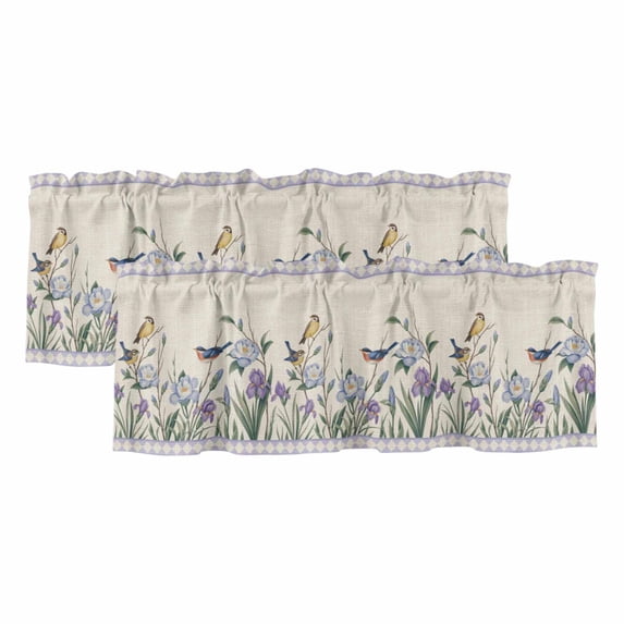 2 Pack Valances for Window, Spring Flowers Short Curtains for Kitchen Bedroom Living Room, Vintage Floral Leaves Birds Farmhouse Plaid Rod Pocket Small Window Treatment Valance Drapes 42 x 18 Inch