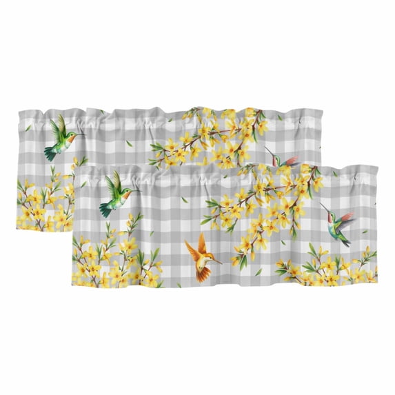 2 Pack Valances for Window, Spring Forsythia Flowers Short Curtains for Kitchen Bedroom Living Room, Yellow Floral Hummingbird Gray Plaid Rod Pocket Small Window Treatment Valance Drapes 42 x 18 Inch