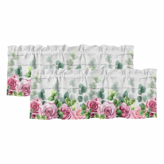 2 Pack Valances for Window, Spring Pink Roses Short Curtains for Kitchen Bedroom Living Room, Pastoral Eucalyptus Leaves Gray Wooden Rod Pocket Small Window Treatment Valance Drapes 42 x 12 Inch
