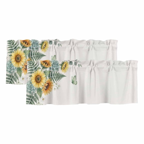 2 Pack Valances for Window, Spring Sunflower Short Curtains for Kitchen Bedroom Living Room, Garden Botanical Leaves Butterflies Rod Pocket Small Window Treatment Valance Drapes 42 x 12 Inch