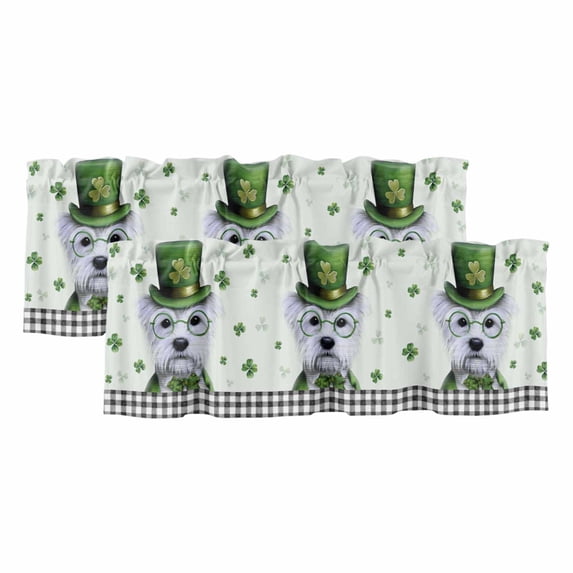 2 Pack Valances for Window, St. Patrick's Day Short Curtains for Kitchen Bedroom Living Room, Cute Puppy Lucky Shamrock Black Plaid Rod Pocket Small Window Treatment Valance Drapes 54 x 18 Inch