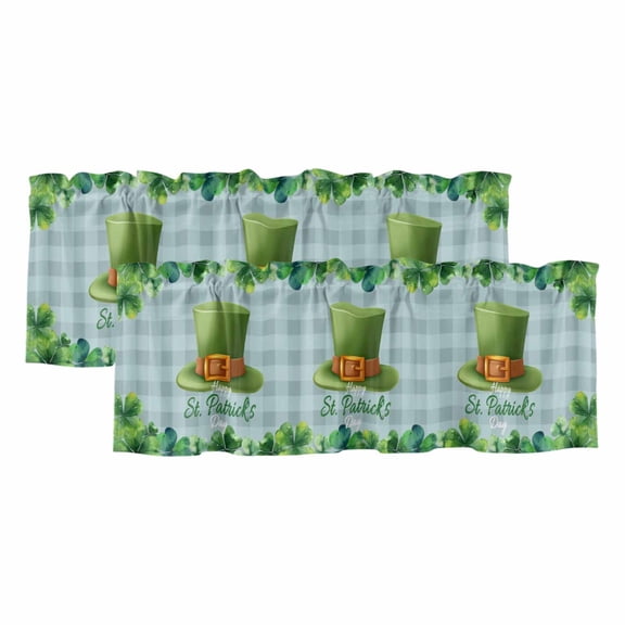 2 Pack Valances for Window, St. Patrick's Day Short Curtains for Kitchen Bedroom Living Room, Spring Coin Green Clovers Blue Lattice Rod Pocket Small Window Treatment Valance Drapes 42 x 12 Inch
