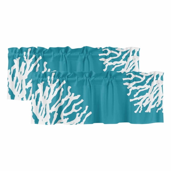 2 Pack Valances for Window, Teal Blue Coral Coastal Short Curtains for Kitchen Bedroom Living Room, Nautical Ocean Summer Beach Rod Pocket Small Window Treatment Valance Drapes 42 x 12 Inch
