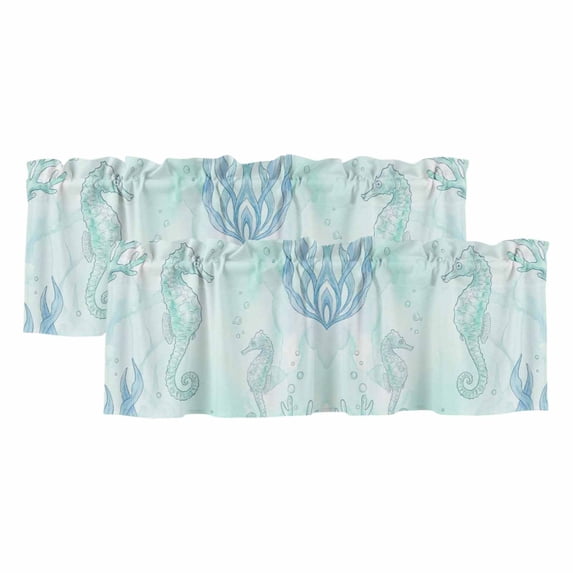 2 Pack Valances for Window, Teal Blue Seahorse Coastal Short Curtains for Kitchen Bedroom Living Room, Beach Watercolor Sea Ocean Nautical Small Window Treatment Valance Drapes 42 x 18 Inch
