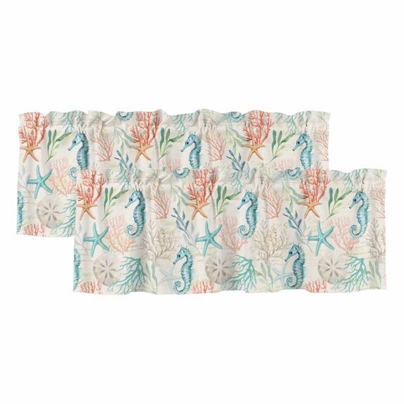 2 Pack Valances for Window, Teal Red Coastal Short Curtains for Kitchen Bedroom Living Room, Nautical Seahorse Beach Coral Starfish Retro Rod Pocket Small Window Treatment Valance Drapes 42 x 18 Inch