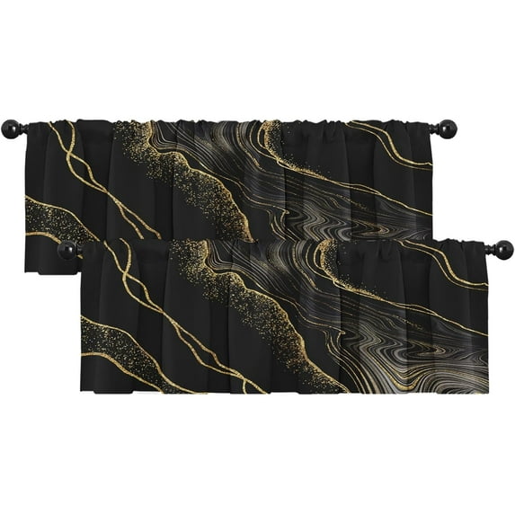 2 Pack Valances Window Treatments, Agate Golden Stone Marble Black Gold Blackout Drapes Adjustable Curtain for Windows Living Room Kitchen Over Sink, 18x52 Inch Rod Pocket Valances