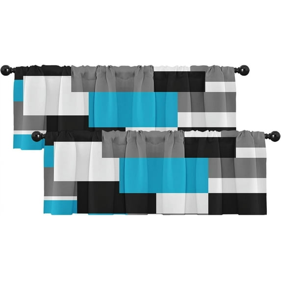 2 Pack Valances Window Treatments, Blue and Black Geometry Abstract Blackout Drapes Adjustable Curtain Valances for Windows Living Room Kitchen Over Sink, 18x52 Inch Rod Pocket Valances