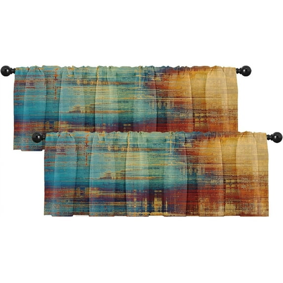 2 Pack Valances Window Treatments, Blue and Orange Vintage Messy Rust Blackout Drapes Adjustable Curtain Valances for Windows Living Room Kitchen Over Sink, 12x52 Inch Rod Pocket Valances