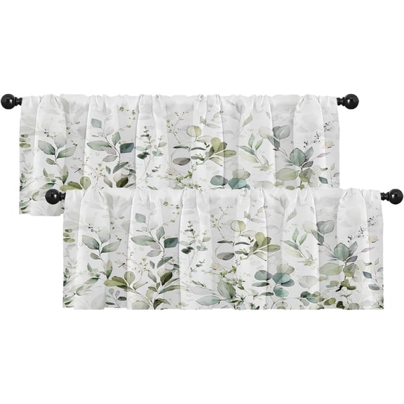 2 Pack Valances Window Treatments, Green Watercolor Eucalyptus Leaves Blackout Drapes Adjustable Curtain Valances for Windows Living Room Kitchen Over Sink, 18x52 Inch Rod Pocket Valances