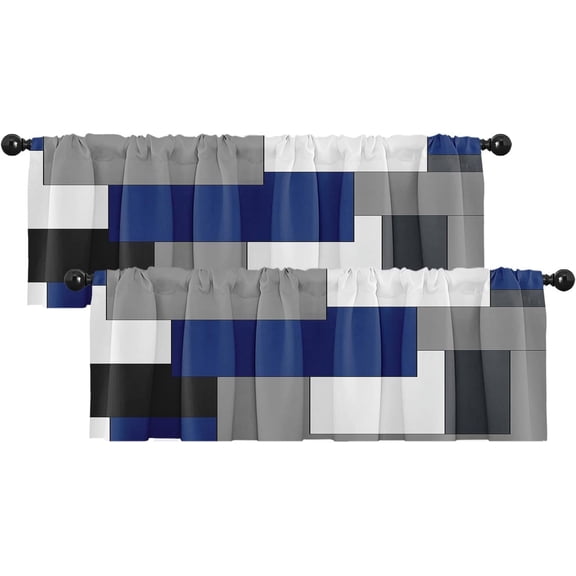 2 Pack Valances Window Treatments, Navy Blue and Black Geometry Abstract Blackout Drapes Adjustable Curtain Valances for Windows Living Room Kitchen Over Sink, 18x52 Inch Rod Pocket Valances