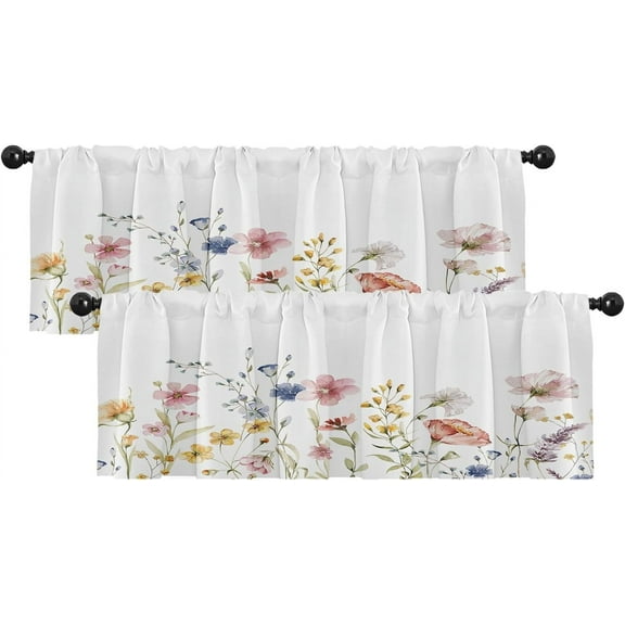 2 Pack Valances Window Treatments, Spring Wildflower Flower Blackout Drapes Adjustable Curtain Valances for Windows Living Room Kitchen Over Sink, 18x52 Inch Rod Pocket Valances