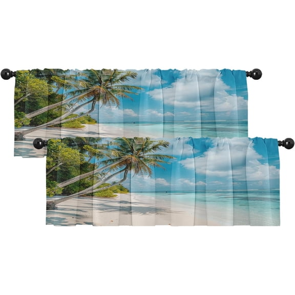 2 Pack Valances Window Treatments, Summer Beach Ocean Plants Blue Sea Blackout Drapes Adjustable Curtain Valances for Windows Living Room Kitchen Over Sink, 18x52 Inch Rod Pocket Valances
