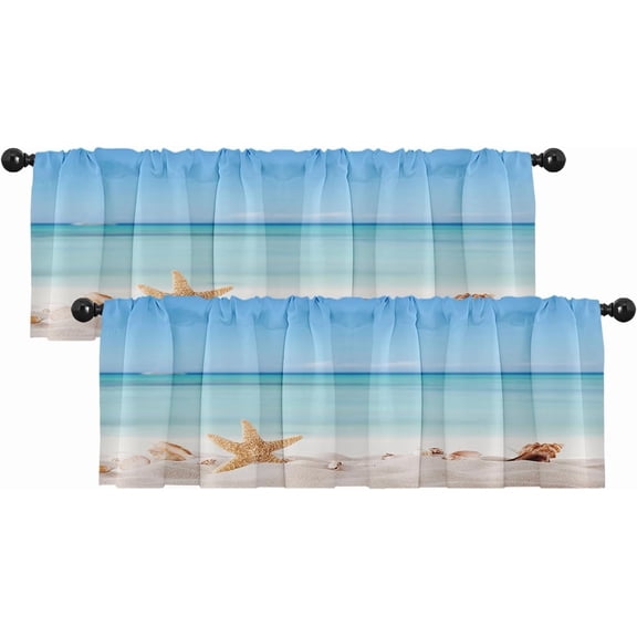 2 Pack Valances Window Treatments, Summer Beach Sea Shells Starfish Blackout Drapes Adjustable Curtain Valances for Windows Living Room Kitchen Over Sink, 18x52 Inch Rod Pocket Valances