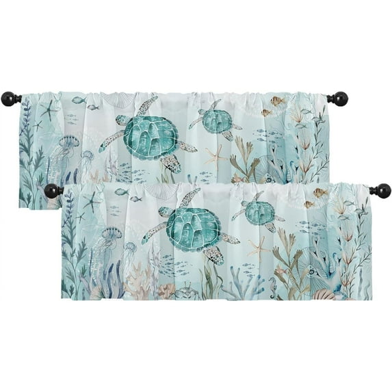 2 Pack Valances Window Treatments,Summer Ocean Turtle Sea Teal Starfis Blackout Drapes Adjustable Curtain Valances for Windows Living Room Kitchen Over Sink, 18x52 Inch Rod Pocket Valances