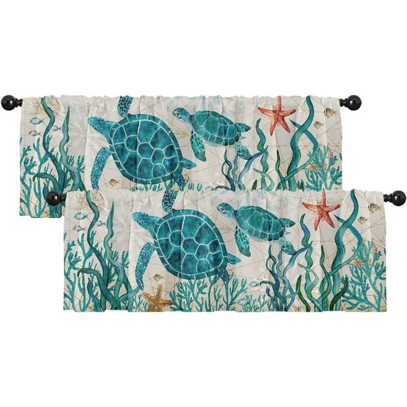 2 Pack Valances Window Treatments,Summer Ocean Turtle Sea Vintage Blue Blackout Drapes Adjustable Curtain Valances for Windows Living Room Kitchen Over Sink, 18x52 Inch Rod Pocket Valances