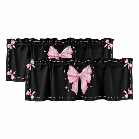 2 Pack Valances for Window, Valentine's Day Short Curtains for Kitchen Bedroom Living Room, Pink Bowknot Ribbon on Black Mother's Day Rod Pocket Small Window Treatment Valance Drapes 60 x 18 Inch