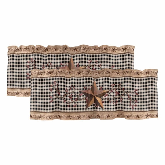 2 Pack Valances for Window, Vintage Texas Star Brown Short Curtains for Kitchen Bedroom Living Room, Black Plaid Berry Farmhouse Rod Pocket Small Window Treatment Valance Drapes 42 x 12 Inch