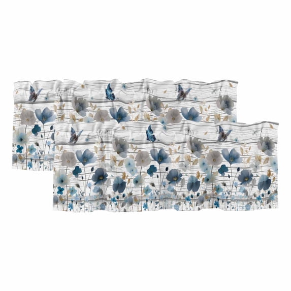 2 Pack Valances for Window, Watercolor Floral Short Curtains for Kitchen Bedroom Living Room, Blue Flowers Butterflies Spring Wood Grain Rod Pocket Small Window Treatment Valance Drapes 60 x 18 Inch