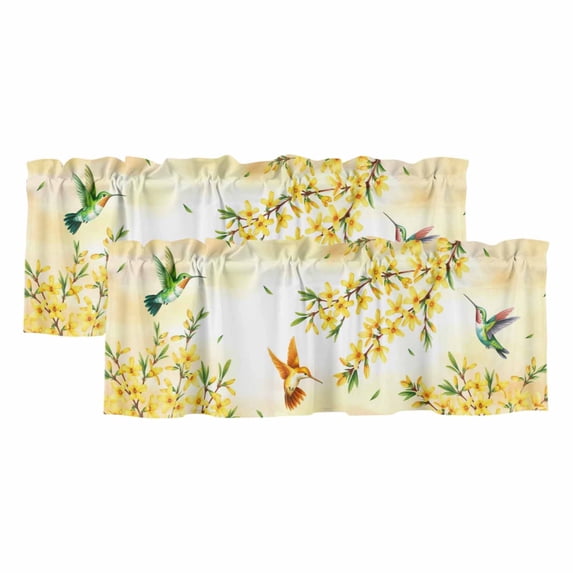 2 Pack Valances for Window, Watercolor Floral Short Curtains for Kitchen Bedroom Living Room, Yellow Flower Hummingbirds Botanical Spring Rod Pocket Small Window Treatment Valance Drapes 42 x 18 Inch