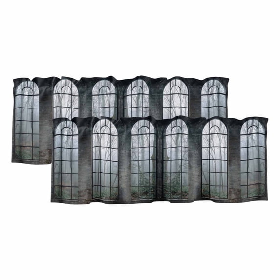 2 Pack Valances for Window, Window Forest Short Curtains for Kitchen Bedroom Living Room, Vintage Arched Black Green Rod Pocket Small Window Treatment Valance Drapes 42 x 12 Inch