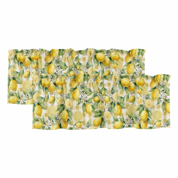 2 Pack Valances for Window, Yellow Lemons Short Curtains for Kitchen Bedroom Living Room, Summer Botanical Checkered Pastoral Rod Pocket Small Window Treatment Valance Drapes 60 x 18 Inch