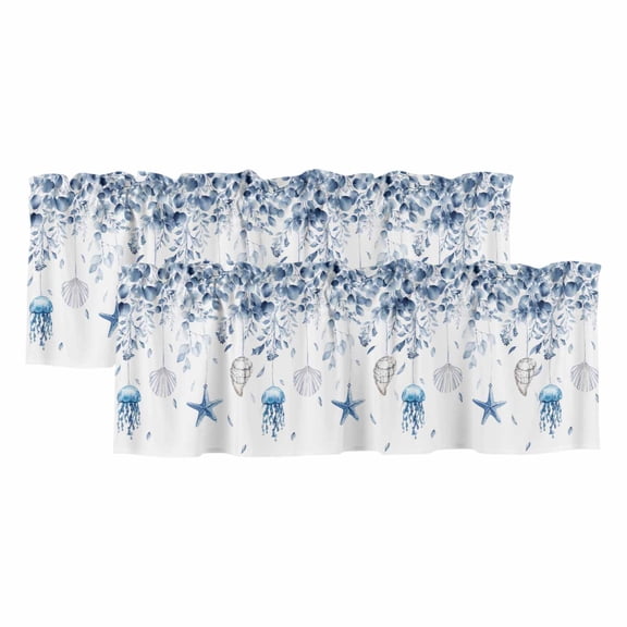 2 Pack Valances for Windows 42 x 12 In, Blue Coastal Decorative Kitchen Curtain Valance, Summer Eucalyptus Leaves Beach Ocean Starfish Nautical Rod Pocket Short Curtains Window Treatment for Bathroom