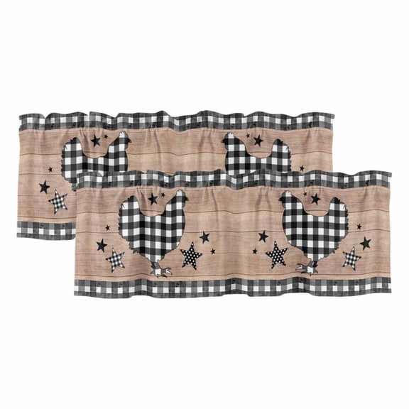 2 Pack Valances for Windows 42 x 12 Inch, Chicken Hen Decorative Kitchen Curtain Valance, Rooster Animals Farmhouse Plaid Brown Wooden Grain Rod Pocket Short Curtains Window Treatment for Bathroom