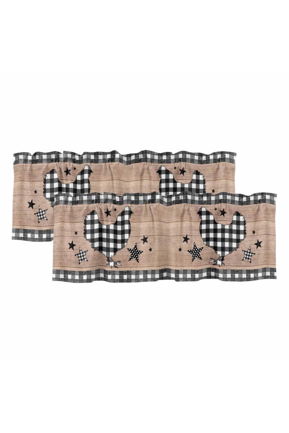 2 Pack Valances for Windows 42 x 12 Inch, Chicken Hen Decorative Kitchen Curtain Valance, Rooster Animals Farmhouse Plaid Brown Wooden Grain Rod Pocket Short Curtains Window Treatment for Bathroom