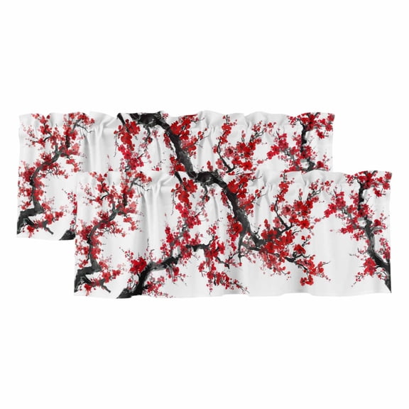 2 Pack Valances for Windows 42 x 12 Inch, Red Plum Decorative Kitchen Curtain Valance, Nature Flowers Branches Chinese Painting Rod Pocket Short Curtains Window Treatment for Bathroom/Cafe