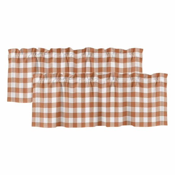 2 Pack Valances for Windows 42 x 12 Inch, Dark Orange Checkered Decorative Kitchen Curtain Valance, Fall Farmhouse Rustic Buffalo Plaid Rod Pocket Short Curtains Window Treatment for Bathroom/Cafe