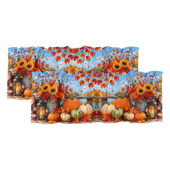2 Pack Valances for Windows 42 x 12 Inch, Fall Pumpkins Decorative Kitchen Curtain Valance, Thanksgiving Autumn Sunflower Maple Leaves Rod Pocket Short Curtains Window Treatment for Bathroom/Cafe