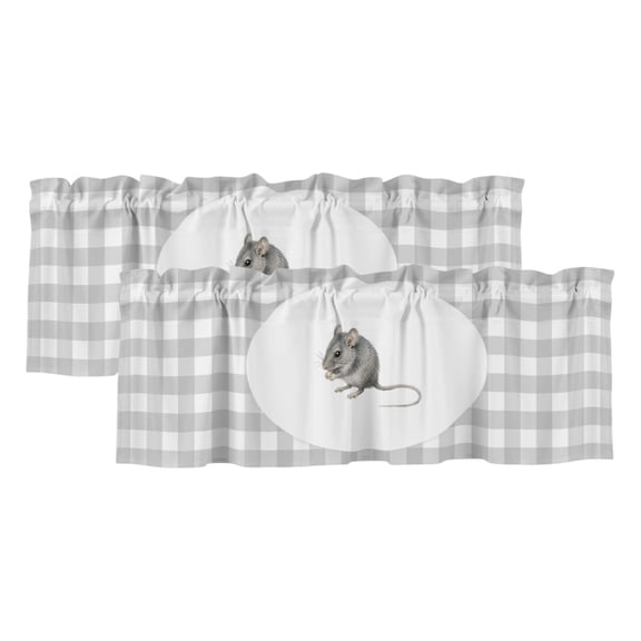 2 Pack Valances for Windows 42 x 12 Inch, Field Mouse Decorative Kitchen Curtain Valance, Modern Grey Plaid Farmhouse Animals Rod Pocket Short Curtains Window Treatment for Bathroom/Cafe