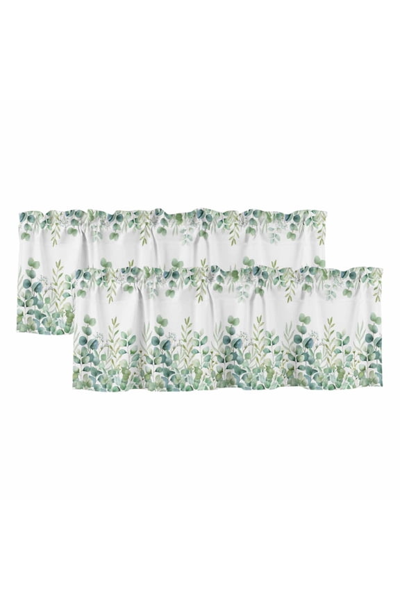 2 Pack Valances for Windows 42 x 12 Inch, Green Eucalyptus Leaves Decorative Kitchen Curtain Valance, Watercolor Spring Summer Botanical Rod Pocket Short Curtains Window Treatment for Bathroom/Cafe
