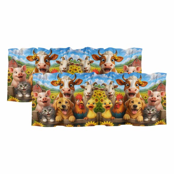 2 Pack Valances for Windows 42 x 12 Inch, Happy Farm Decorative Kitchen Curtain Valance, Cow Dog Barn Country Farmhouse Rod Pocket Short Curtains Window Treatment for Bathroom/Cafe