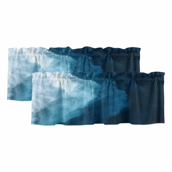 2 Pack Valances for Windows 42 x 18 Inch, Navy Blue Waves Decorative Kitchen Curtain Valance, Coastal Summer Beach Ocean Rod Pocket Short Curtains Window Treatment for Bathroom/Cafe