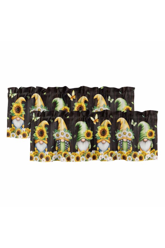 2 Pack Valances for Windows 42 x 12 Inch, Spring Gnomes Decorative Kitchen Curtain Valance, Farmhouse Botanical Sunflowers Wooden Grain Rod Pocket Short Curtains Window Treatment for Bathroom/Cafe