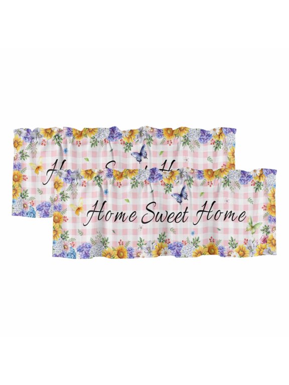2 Pack Valances for Windows 42 x 12 Inch, Spring Wildflowers Decorative Kitchen Curtain Valance, Watercolor Floral Butterflies Pink Plaid Rod Pocket Short Curtains Window Treatment for Bathroom/Cafe