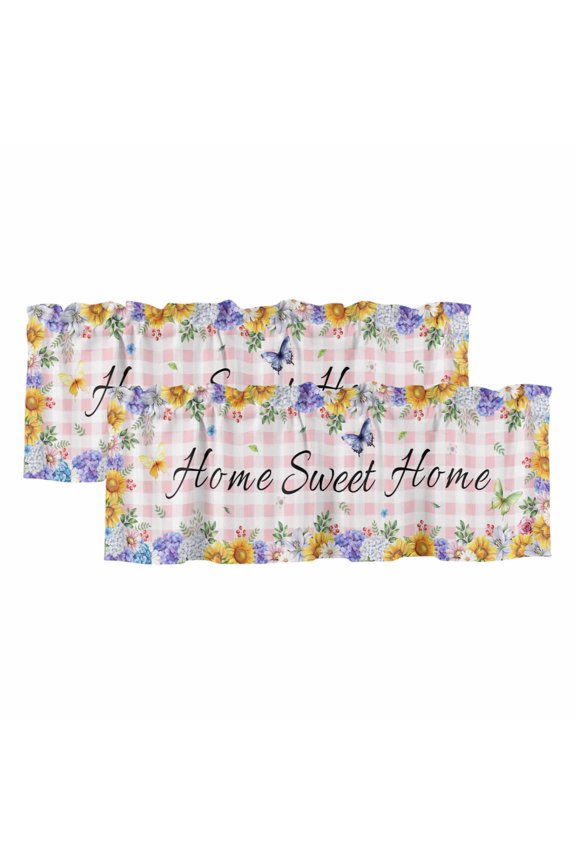 2 Pack Valances for Windows 42 x 12 Inch, Spring Wildflowers Decorative Kitchen Curtain Valance, Watercolor Floral Butterflies Pink Plaid Rod Pocket Short Curtains Window Treatment for Bathroom/Cafe