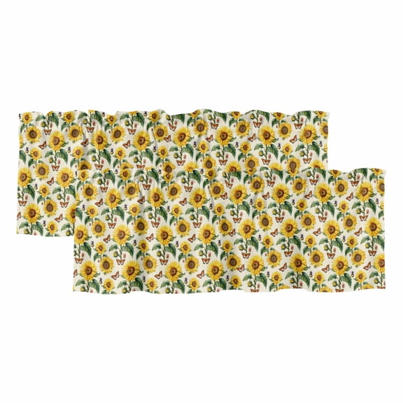 2 Pack Valances for Windows 42 x 12 Inch, Sunflowers Decorative Kitchen Curtain Valance, Beige Botanical Yellow Florals Butterfly Rod Pocket Short Curtains Window Treatment for Bathroom/Cafe