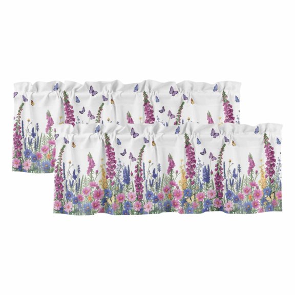 2 Pack Valances for Windows 42 x 12 Inch, Watercolor Wildflowers Decorative Kitchen Curtain Valance, Country Botanical Florals Butterfly Rod Pocket Short Curtains Window Treatment for Bathroom/Cafe