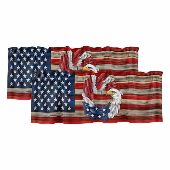 2 Pack Valances for Windows 42 x 12 Inch, Independence Day Decorative Kitchen Curtain Valance, Retro US Flag Star Stripe Wood Grain Rod Pocket Short Curtains Window Treatment for Bathroom/Cafe