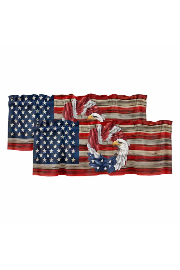 2 Pack Valances for Windows 42 x 12 Inch, Independence Day Decorative Kitchen Curtain Valance, Retro US Flag Star Stripe Wood Grain Rod Pocket Short Curtains Window Treatment for Bathroom/Cafe