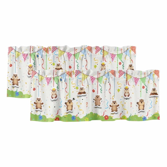 2 Pack Valances for Windows 42 x 18 Inch, Groundhog Day Decorative Kitchen Curtain Valance, Bunting Floral Cartoon Funny Colorful Cute Rod Pocket Short Curtains Window Treatment for Bathroom/Cafe