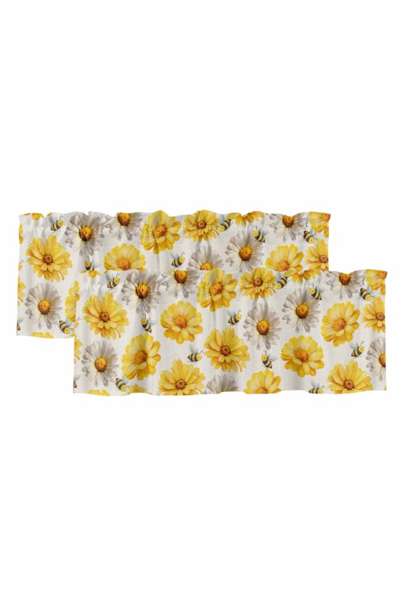 2 Pack Valances for Windows 42 x 18 Inch, Golden Gray Chrysanthemum Decorative Kitchen Curtain Valance, Farmhouse Bees Floral Rustic Rod Pocket Short Curtains Window Treatment for Bathroom/Cafe