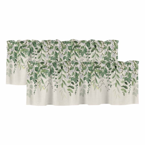 2 Pack Valances for Windows 42 x 18 Inch, Green Leaves Decorative Kitchen Curtain Valance, Summer Botanical Rod Pocket Short Curtains Window Treatment for Bathroom/Cafe